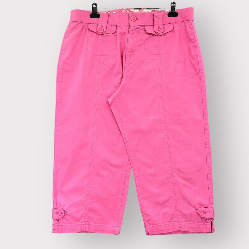 ERIKA Capri Pants Women 16 Pink Pockets Button Accents Side Hem Slit Stretch H90